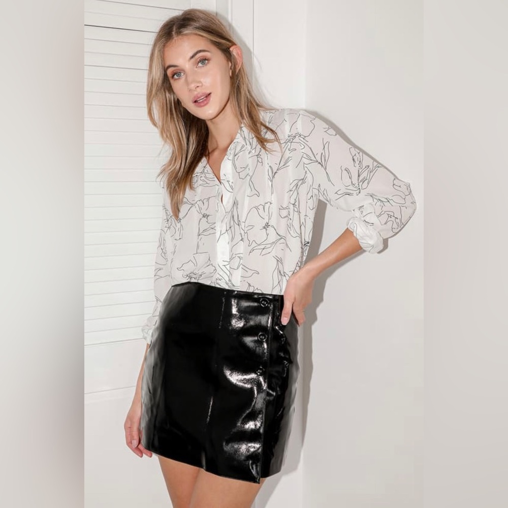 Lulu’s She’s So Sleek Black Patent Leather Faux Wrap Mini Skirt